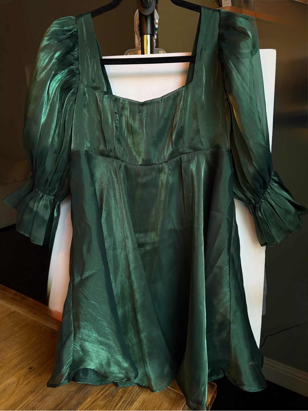 BuddyLove Emerald Green Shimmer Puff Sleeve Mini Dress Size Small NWT